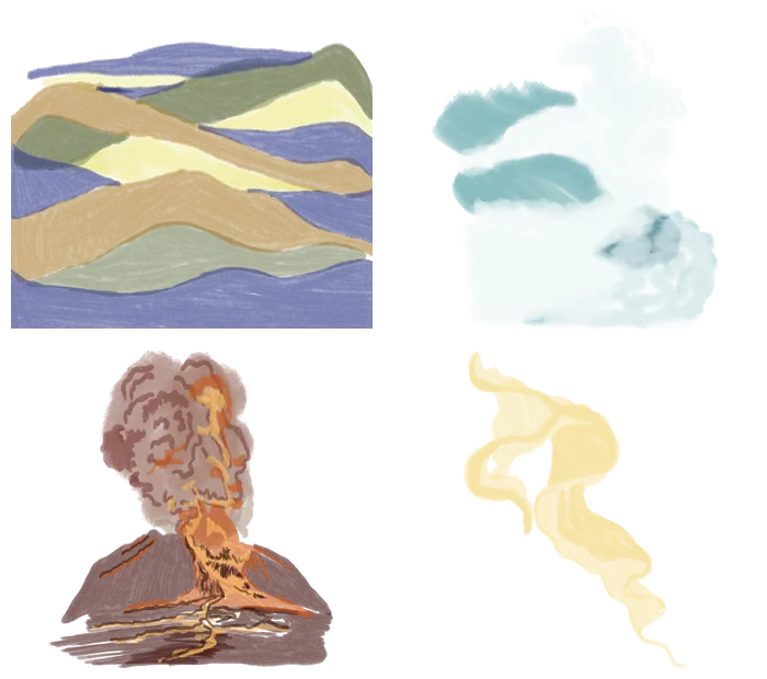 Ilustrações de terra, água, fogo e ar, da estampa Signos da Natureza